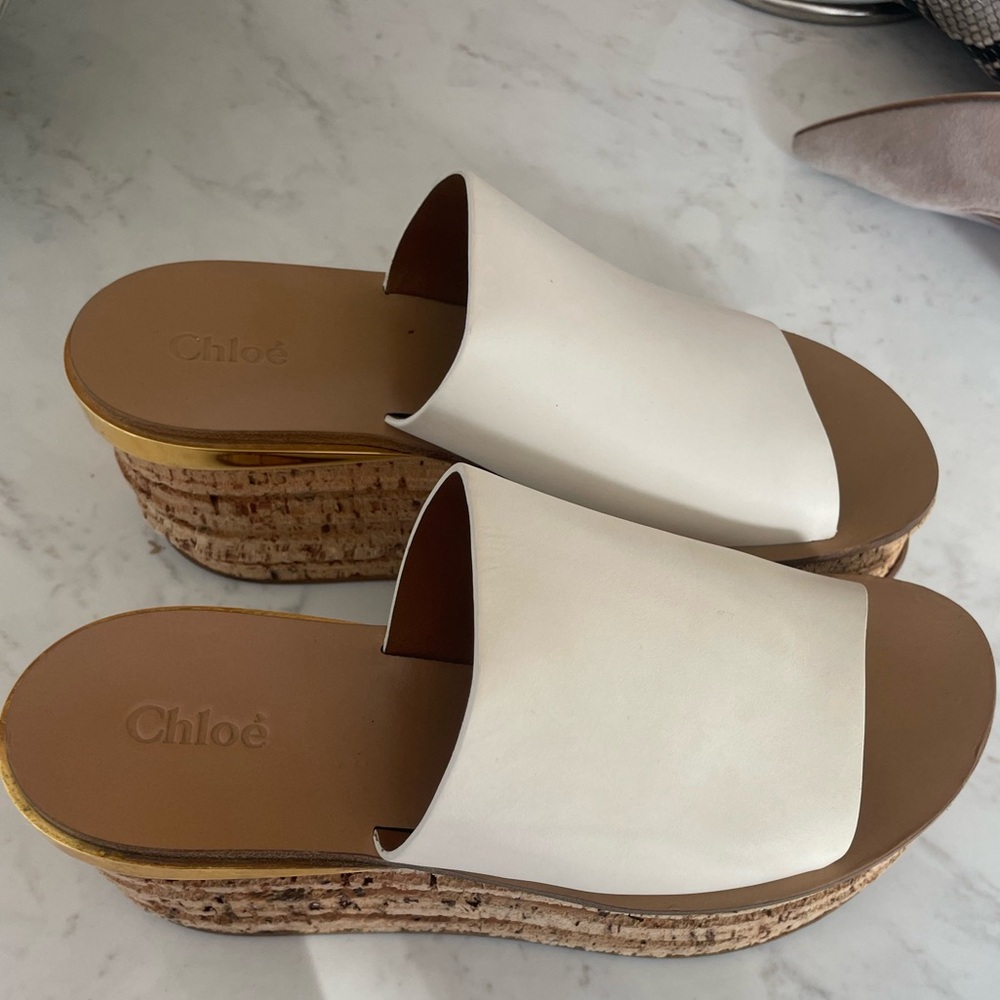 Chloe Sandals White Camille Wedge Mule Cork Sole Shoes Size 38 7.5